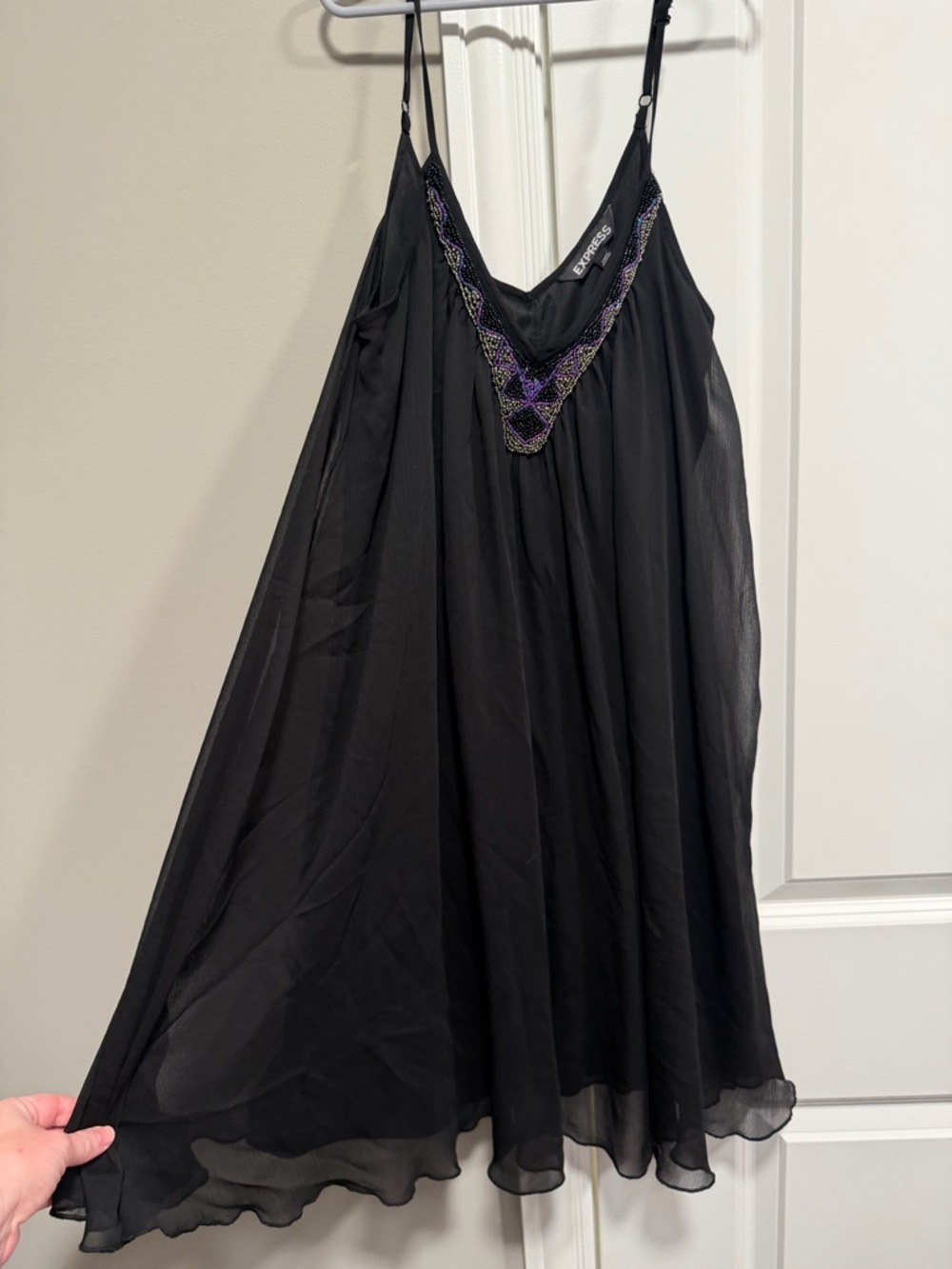 Express Black Mini Slip Dress with Purple Beaded V-Neck